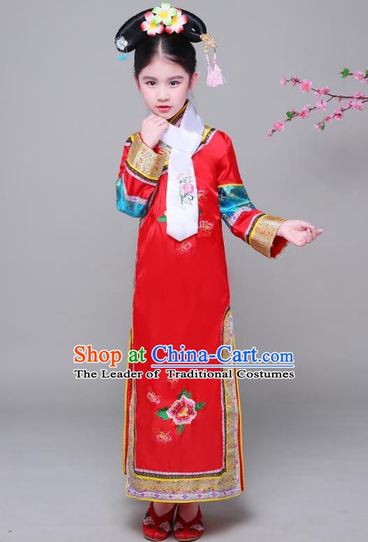 Traditional Ancient Chinese Qing Dynasty Princess Red Costume, Chinese Manchu Lady Embroidered Clothing for Kids