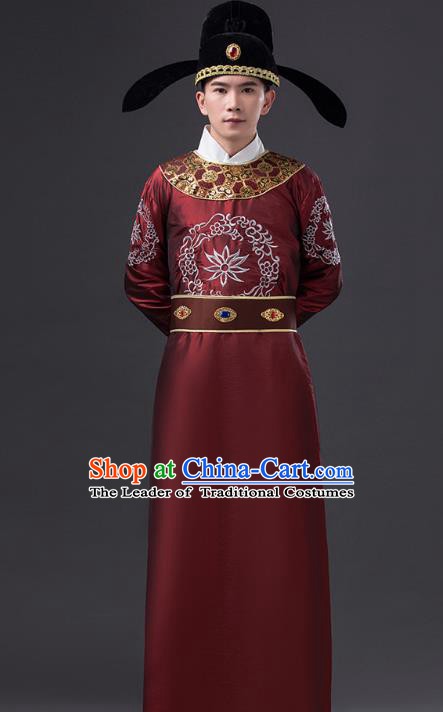 Traditional Chinese Tang Dynasty Prince Costume, China Ancient Minister Purplish Red Embroidered Robe Clothing for Men