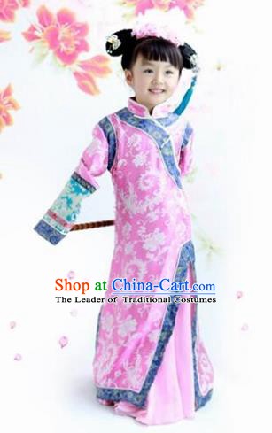 Traditional Chinese Qing Dynasty Princess Costume, China Ancient Manchu Lady Embroidered Clothing for Kids