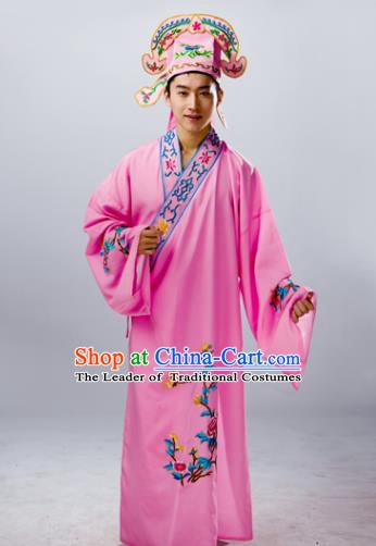 Traditional China Beijing Opera Costume Gifted Scholar Pink Embroidered Robe, Chinese Peking Opera Niche Embroidery Clothing