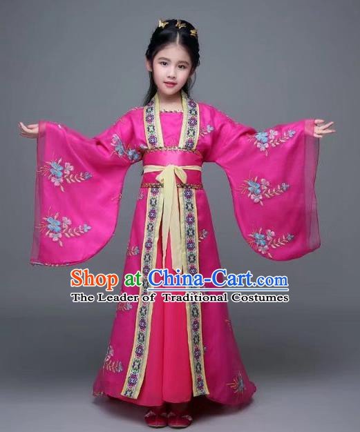 Traditional Chinese Tang Dynasty Palace Lady Embroidered Costume, China Ancient Imperial Concubine Hanfu Trailing Dress for Kids