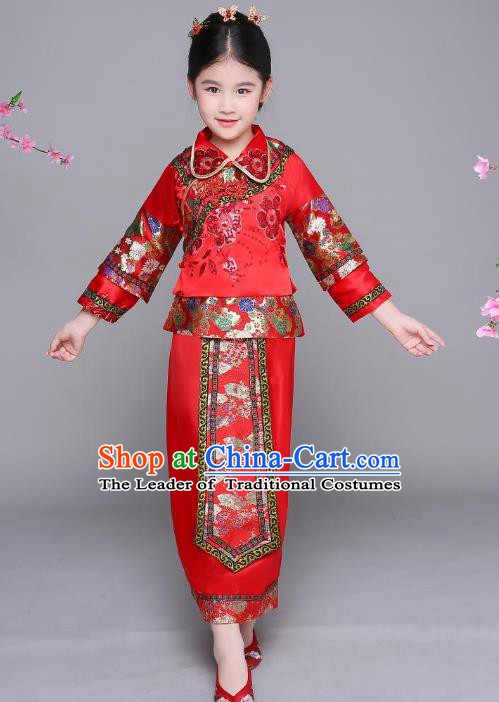 Traditional Chinese Qing Dynasty Palace Princess Costume, China Ancient Manchu Xiuhe Suit Embroidered Clothing for Kids