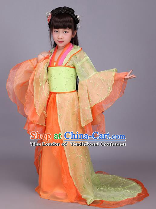 Traditional Ancient Chinese Imperial Princess Orange Costume, China Tang Dynasty Palace Lady Trailing Embroidered Clothing for Kids