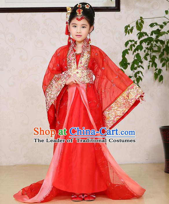 Traditional Chinese Tang Dynasty Palace Lady Costume, China Ancient Imperial Consort Hanfu Red Dress Clothing for Kids