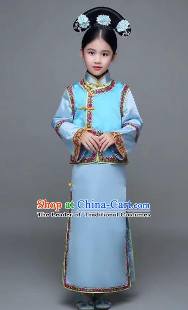 Traditional Chinese Qing Dynasty Manchu Princess Costume, China Palace Lady Embroidered Clothing for Kids