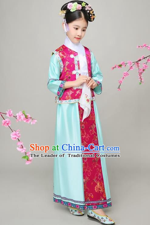 Traditional Chinese Qing Dynasty Court Princess Blue Costume, China Manchu Palace Lady Embroidered Clothing for Kids