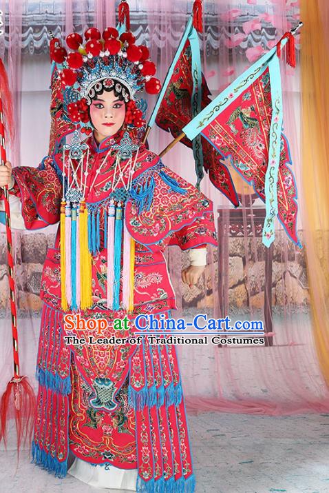 Chinese Beijing Opera Female General Costume Embroidered Rosy Armour, China Peking Opera Blues Embroidery Gwanbok Clothing