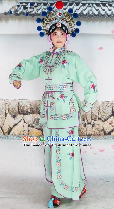 Chinese Beijing Opera Warrior Embroidered Green Costume, China Peking Opera Blues Embroidery Clothing