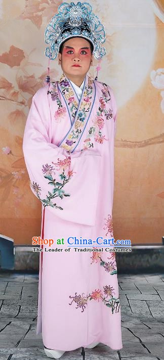 Chinese Beijing Opera Niche Costume Pink Embroidered Robe, China Peking Opera Scholar Embroidery Chrysanthemum Clothing