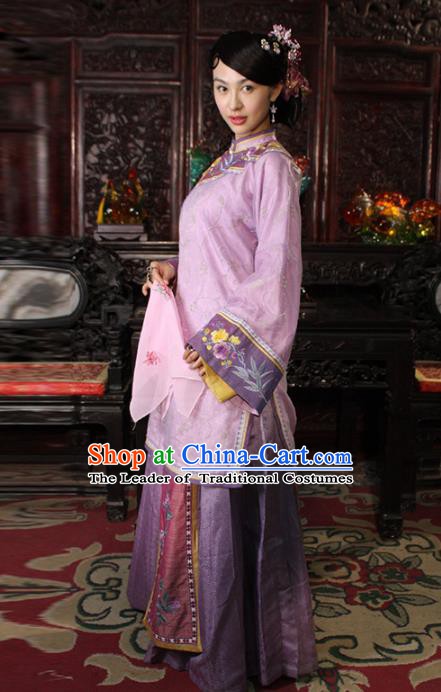 Traditional Chinese Ancient Qing Dynasty Young Mistress Embroidered Purple Xiuhe Suit Clothing for Women