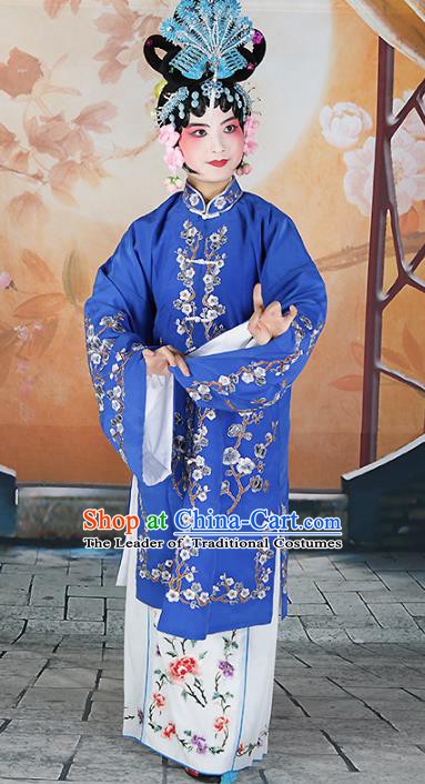 Chinese Beijing Opera Actress Princess Embroidered Deep Blue Costume, China Peking Opera Diva Embroidery Wintersweet Clothing