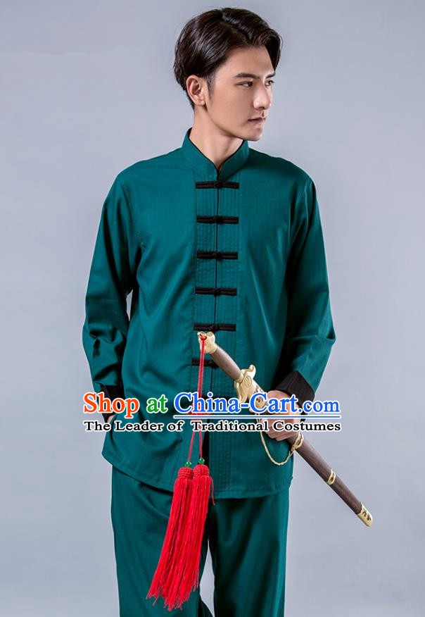 Top Grade Chinese Kung Fu Costume Tai Ji Training Green Uniform, China Martial Arts Tang Suit Gongfu Clothing for Men