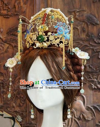 Asian Chinese Ancient Handmade Classical Hair Accessories Hairpins Blueing Phoenix Coronet Xiuhe Suit Headdress for Women