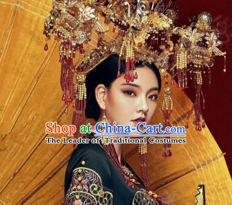 Asian Chinese Handmade Classical Hair Accessories Phoenix Coronet Bride Hanfu Hairpins Headwear for Women