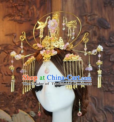 Chinese Ancient Handmade Classical Wedding Hair Accessories Xiuhe Suit Crane Phoenix Coronet Hairpins for Women