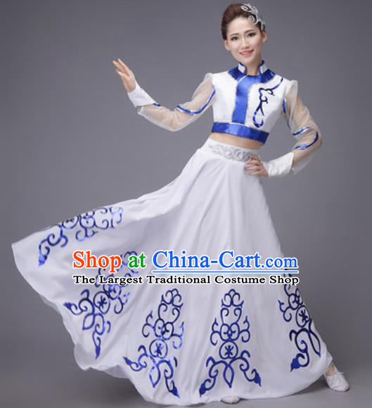 Chinese Traditional Mongol Nationality Costume Mongolian Folk Dance Ethnic White Dress for Women