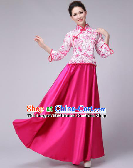 Chinese Classical Dance Fan Dance Costume Traditional Folk Dance Chorus Rosy Dress for Women