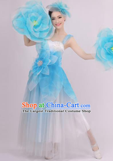 Top Grade Chorus Costume Modern Dance Stage Performance Blue Peony Dress for Women