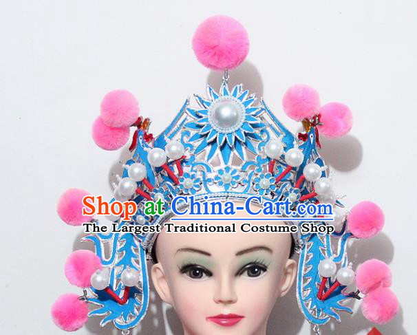 Chinese Traditional Peking Opera Blues Hair Accessories Ancient Female Warriors Pink Venonat Helmet for Women