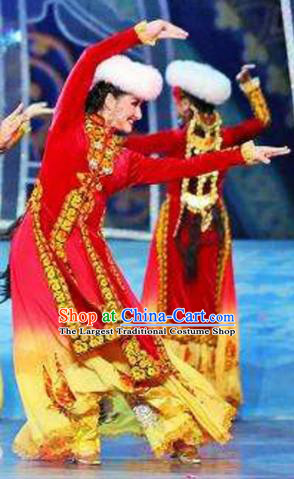 Chinese Traditional Ethnic Costumes Uyghur Minority Nationality Dance Red Dress for Women