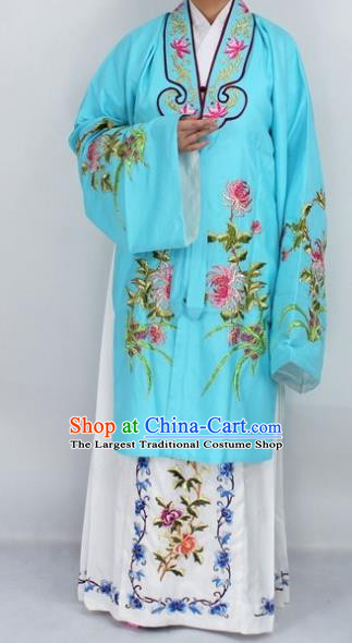 Chinese Traditional Peking Opera Diva Costumes Ancient Princess Embroidered Chrysanthemum Blue Dress for Women