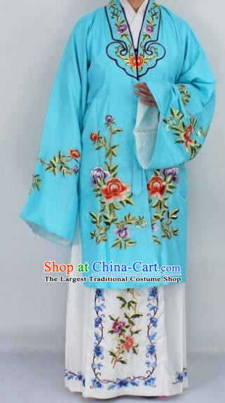 Chinese Traditional Peking Opera Nobility Lady Blue Costumes Ancient Princess Embroidered Cloak for Women