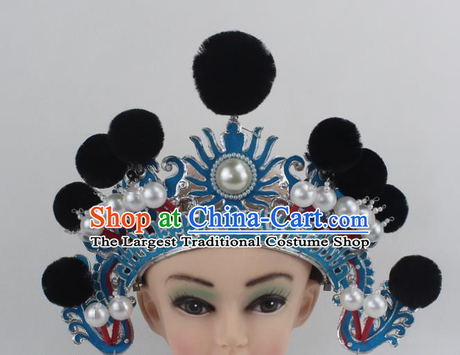 Chinese Traditional Peking Opera Blues Black Venonat Helmet Ancient Magic Warriors Hat for Women