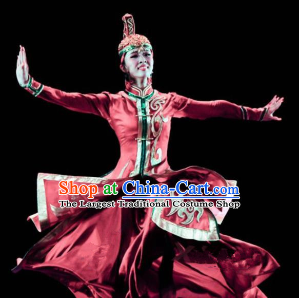 Chinese Traditional Mongol Ethnic Costumes Mongolian Minority Nationality Dance Red Dress for Women