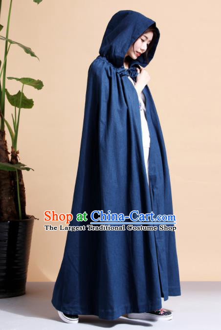 Chinese Traditional Costumes Ancient Hanfu Navy Long Cloak for Women