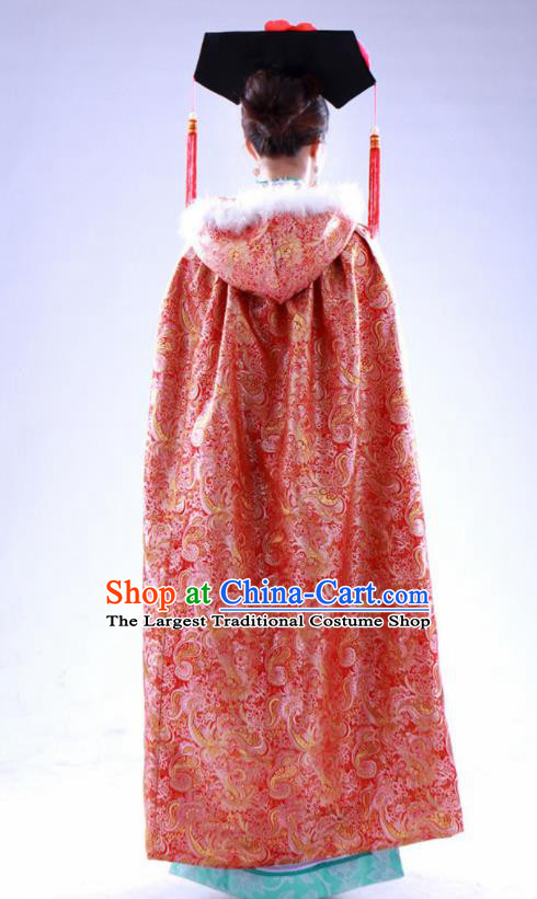 Chinese Traditional Costumes Ancient Qing Dynasty Princess Hanfu Red Brocade Cloak for Women