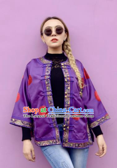 Chinese Traditional Mongol Ethnic Costume Mongolian Minority Nationality Purple Brocade Blouse for Women