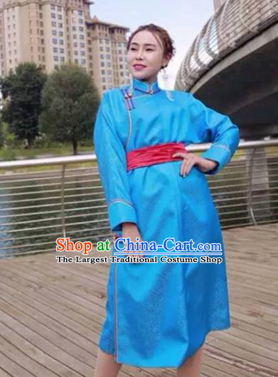 Chinese Mongol Minority Ethnic Costume Traditional Light Blue Brocade Mongolian Robe for Women