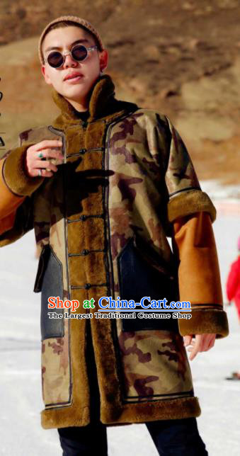 Chinese Traditional Mongol Ethnic Costume Mongolian Minority Nationality Suede Fabric Camouflage Coat for Men