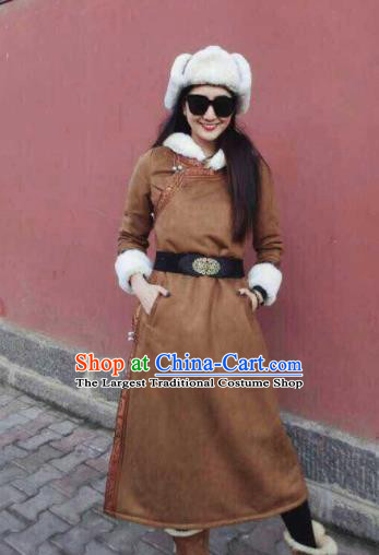 Chinese Traditional Mongol Minority Ethnic Costume Brown Suede Fabric Mongolian Dust Coat for Women