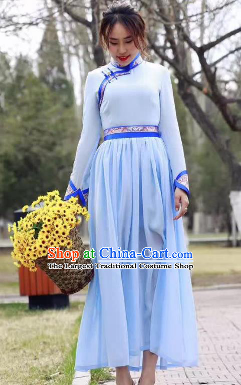 Chinese Mongol Minority Ethnic Costume Traditional Mongolian Blue Dress for Women
