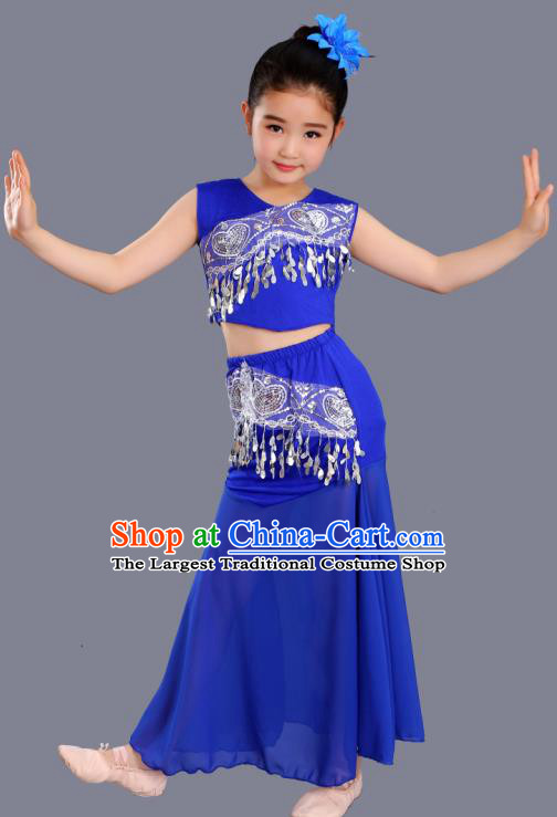 Chinese Traditional Ethnic Costumes Dai Nationality Folk Dance Pavane Royalblue Dress for Kids