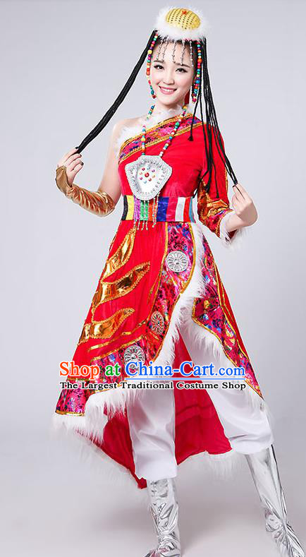 Chinese Traditional Tibetan Ethnic Costumes Zang Nationality Folk Dance Red Dress for Women