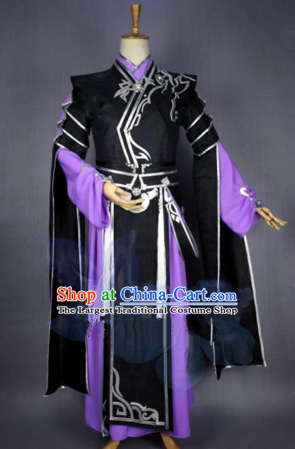 Asian Chinese Cosplay Swordsman Black Costumes Ancient Royal Highness Clothing for Men