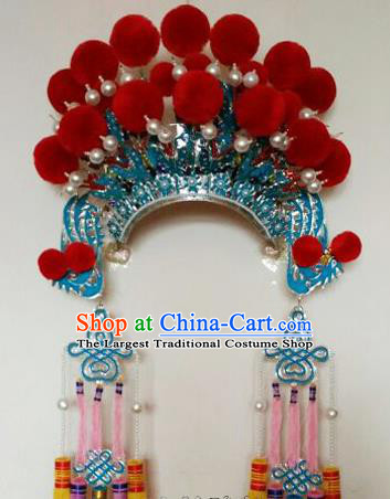 Chinese Traditional Peking Opera Blues Hat Ancient Female General Tassel Headwear for Adults