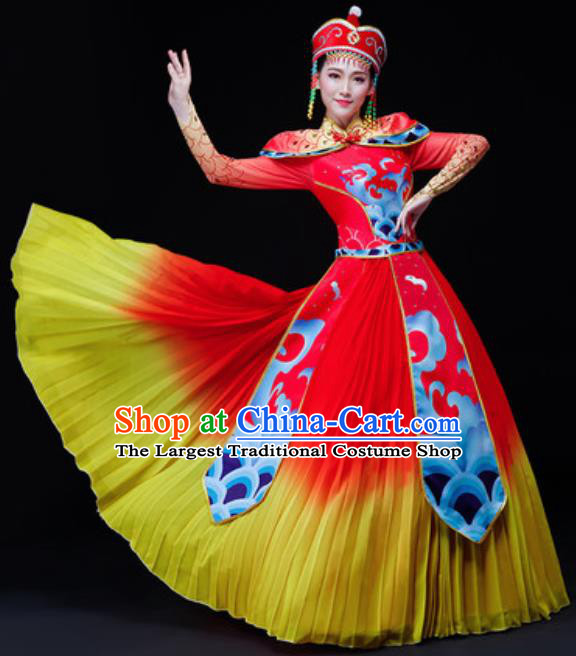 Chinese Traditional Mongol Nationality Folk Dance Costume Mongolian Minority Drum Dance Red Dress for Women