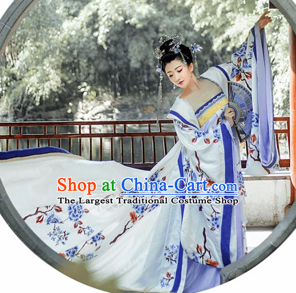 Chinese Traditional Palace Hanfu Dress Ancient Tang Dynasty Imperial Consort Embroidered Costumes and Headpiece for Women