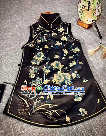 Chinese Traditional Qing Dynasty Costumes Ancient Princess Embroidered Black Silk Vests for Women