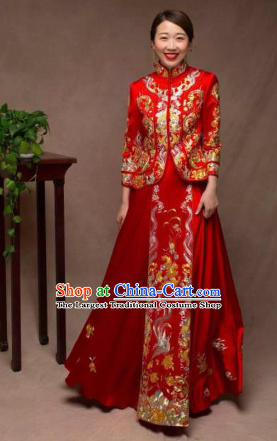 Chinese Traditional Wedding Red Costumes Ancient Bride Embroidered Xiuhe Suit for Women