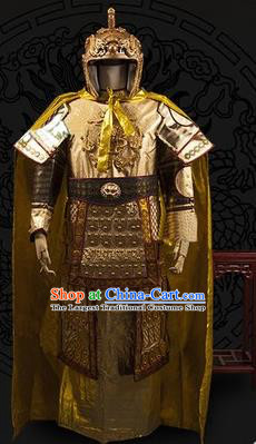 Chinese Traditional Qin Dynasty General Costumes Ancient Warrior Golden Helmet and Body Armour for Men