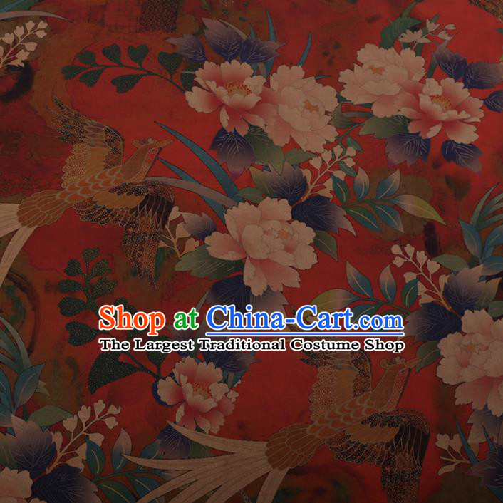 Chinese Traditional Cheongsam Silk Fabric Palace Phoenix Peony Pattern Red Satin Plain Gambiered Guangdong Gauze