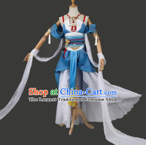 Traditional Chinese Cosplay Swordswoman Blue Hanfu Dress Ancient Peri Princess Costume for Women