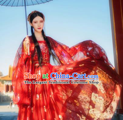 Chinese Ancient Peri Fairy Costumes Traditional Tang Dynasty Princess Embroidered Red Hanfu Dress for Women