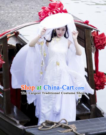 Traditional Chinese Cosplay Swordswoman White Hanfu Dress Ancient Peri Costume for Women