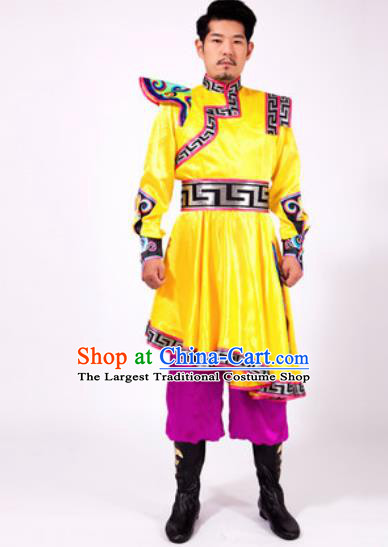 Chinese Traditional Folk Dance Yellow Costumes Mongolian Minority Dance Clothing for Men