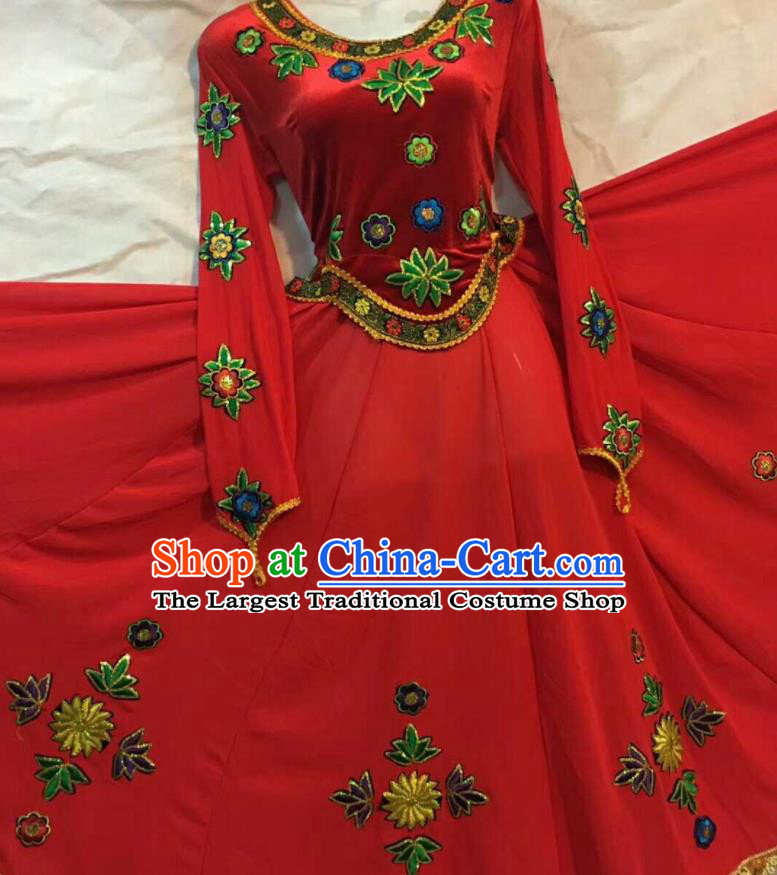 Chinese Traditional Uigurian Ethnic Costumes Xinjiang Uyghur Minority Folk Dance Red Dress for Women